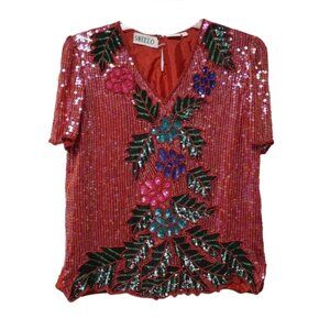 VTG SWEELO fully beaded silk Christmas top